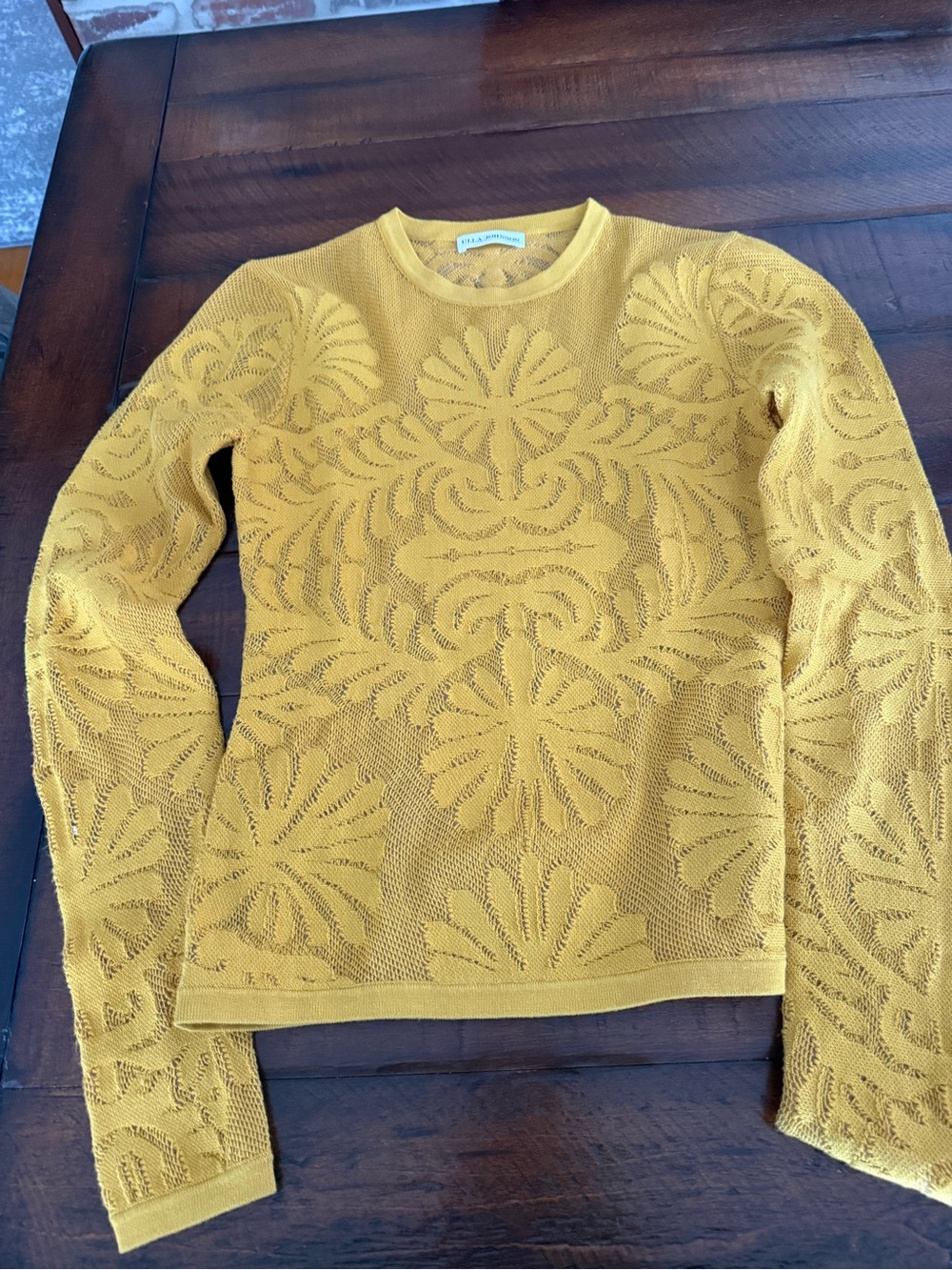 Ulla Johnson Mustard Yellow Lace-Pattern Knit Long Sleeve Top
